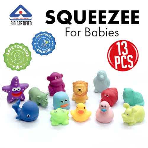 Image of Amazon Brand - Jam & Honey Baby Bath Toy Set of 13 for Toddlers I Colorful Combo of sea, Domestic and Wild Animals I Floating Chuchu Toys (Multicolor)