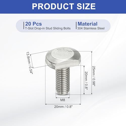 Image of PATIKIL M8 x 20 mm T Slot Bolts, 20 Pcs 304 Stainless Steel Drop-in Bolt T Shape Stud Sliding Screw Metric Thread Hammer Head Bolt for T Track, Silver