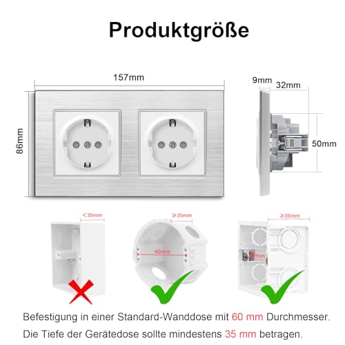 Prise Schuko double encastrable avec griffes CNBINGO aluminium argentée