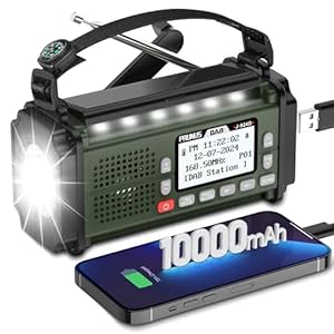 PRUNUS J-924 Solar Survival Radio Dab/FM, Radio Dynamo Handzwengel, Transistor Draagbare Oplaadbare Radio met 10000 mAh Batterij, met Zaklamp en Lezen, SOS, voor Blackout, Noodgeval