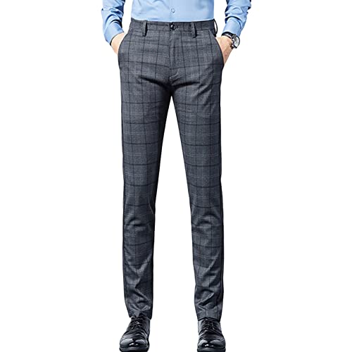 Men's Plaid Business Comfort Pant Casual Straight Fit Tapered Suit Pant Classic Lightweight Wedding Trousers (Dark Grey,29)
