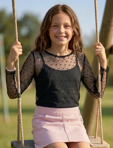 Image of Noomelfish Girls Lace Layering Tops Sheer Mesh Tee Shirts Blouse (5-12 Years)