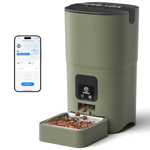 PAPIFEED Automatic Cat Feeder with App, 2.4G WiFi Cat Food Dispenser, 6L Timed Cat Feeders for Dry Food, 10 Meals/Day, 12 Portions/Meal, Dual Power Supply Smart Pet Feeder for Small Dog, Army Green