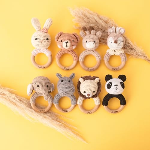 Bärenfreunde® - Personalisierter Beißring Baby - Niedlicher Greifling für Baby's ab 0 Monate - Babyrassel mit Name als Baby Geschenk für Mädchen und Jungen (Hase gestreift rosa,mit Name)