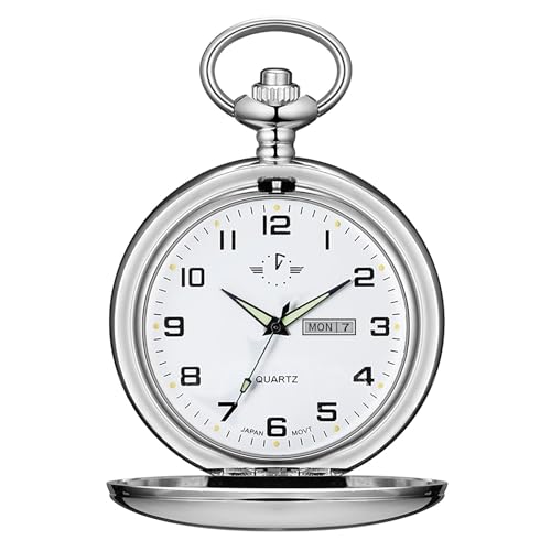 BOSHIYA Smooth Quartz Pocket Watches for Men Classic Arabic Digital Luminous Dial & Day Date Pocket Watch with Chain Christmas Graduation Birthday Gifts