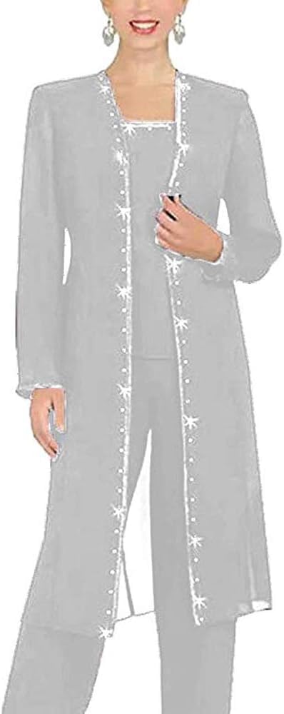Leader of the Beauty 3 Piece Chiffon Beaded Pant Suits Mother of The Bride Pant Suits with Long Jacket for Women Formal 12 Sliver