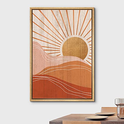 Wall26 Framed Canvas Print Wall Art Boho Orange Sunrise Over Pink & Red Mountains Nature Abstract Illustrations Minimalism Mid-Century Modern Warm For Living Room, Bedroom, Office - 16"X24" Natural #TOP1