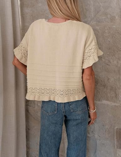 Yeokou Womens Short Sleeve Sweater Round Neck Ruffled Hem Knit Crochet Pullover Summer Fall Casual Top Blouse4