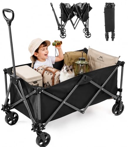 SKY-TOUCH Garden Cart Folding Trolley Cart Outdoor Wagon Collapsible with Removable Fabric Festival Garden Camping Picnic Cart Supports Max 100kg Portable Transport Trailer (Black)