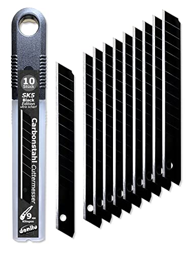 DONILU® Premium 9mm Cuttermesser Klingen - SK5 Carbon-Stahl - schwarze Beschichtung - 10 Stück in einer Box - extrem scharf, Ersatzklingen, Abbrechklingen für Teppichmesser Cuttermesser Cover