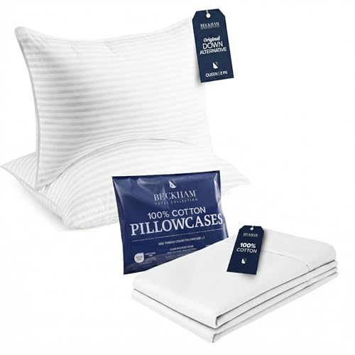Image of Beckham Hotel Collection Queen Pillows with Cotton Pillowcases Sets of 2, Soft Down Alternative Pillows, Open End Cases for Easy Changing, White