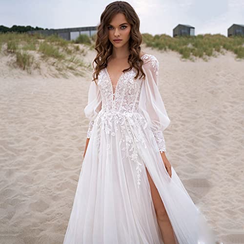 SanLIJIAN Women's Beach V-Neck Puff Sleeve Wedding Dress Tulle High Slit Backless Bridal Gown Lace Applique3