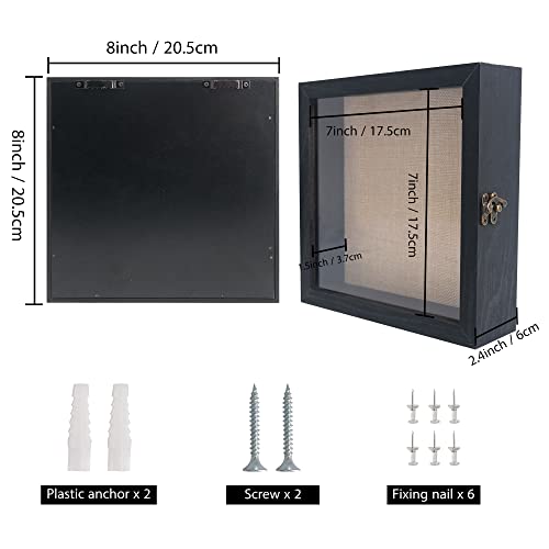 Image of GraduationMall 8x8 Wood Shadow Box Frame Glass Door Display Case with Linen Back and 6 Stick Pins,1.5 inches Interior Depth,Ideal for Memorabilia Pictures Flowers Medals Tickets Rustic Black