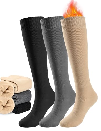 Buauty Warm Knee High Socks for Women Winter Thermal Cotton 3 piece Socks Long Casual Thick for Boot Hiking Skiing Gifts Work