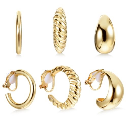 Image of 3Pairs Clip On Earrings For Women - 14K Gold Plated clip earrings Chunky Tube Croissant Waterdrop - Non Pierced clip on gold hoop earring Fake Jewelry Set