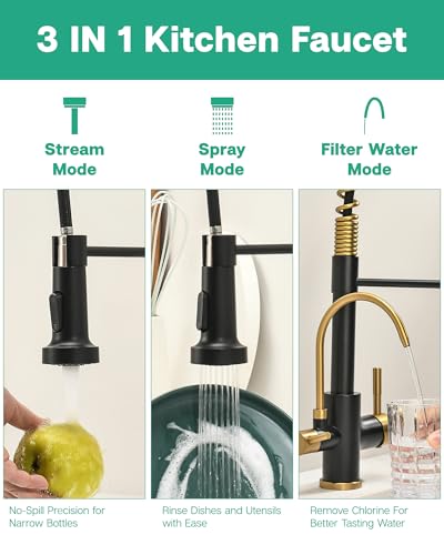 Image of GIMILI 3 in 1 Kitchen Faucet with Pull Down Sprayer Black and Gold Two Handle Kitchen Sink Faucet with Under Sink Water Filter System Reduces PFAS, PFOA /PFOS, Lead, Chlorine, Bad Taste & Odor
