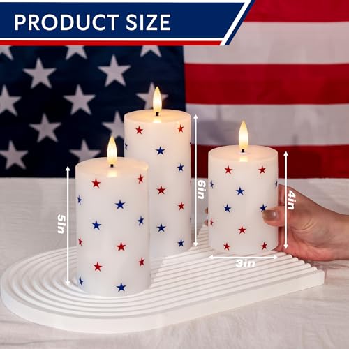 Image of JOIONE Patriotic Flameless Pillar Candles with Remote, 3 Pack Home Decor | Battery Operated, Star Sticker, Real Wax, Remote Control, Warm Flickering Glow, 4th of July Independence Day Party Decor