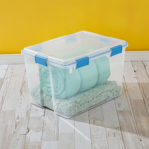 Image of Sterilite Gasket Storage Box with Lids for Home & Office, 80 Quart, 4-Pack | Heavy-Duty, Stackable, and Organizing Containers for Bathroom, Cabinet, Closet, and Garage, Clear and Blue Aquarium Latches
