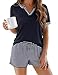 Demegimi Schlafanzug Damen Kurz Baumwolle Sommer Pyjama Zweiteiliger Pyjama Set Gestreift Weicher Shorty Hausanzug V-Ausschnitt Nachtwäsche