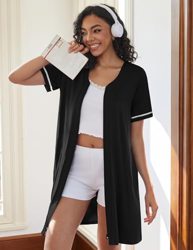 Ekouaer Women Zipper Robes Short Sleeves Housecoat Lightweight Bathrobes Zip Up Robe Casual Nightgown with Pockets S-2XL4