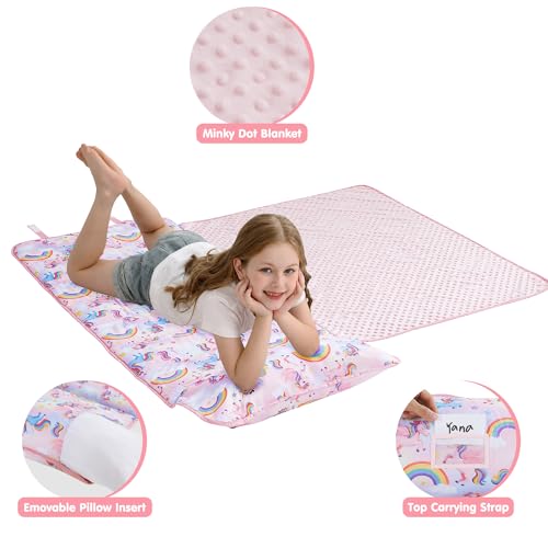 Image of Viviland Toddler Kid Nap Mat for Preschool, Girls Colorful Unicorn Slumber Bag, Daycare Sleeping Bag with Pillow and Blanket, Kindergarten Sleep Mat