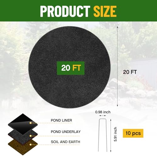 Image of Fanfanwin 20 ft Round Pond Liner Underlayment with 10 U-pins, 6oz, Black