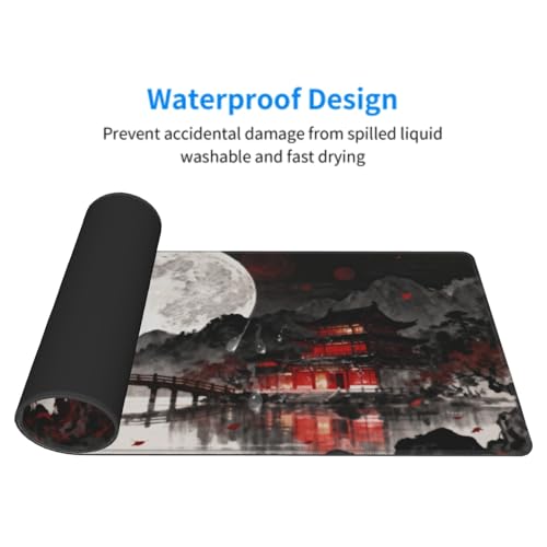 Image of Watercolor Japanese Mouse Pad 31.5x11.8 XL Black Red Lake Pavilion Tree Anime Design Extended Large Mousepad Keyboard Mouse Mat Desk Pad with Non-Slip Rubber Base Stitched Edges for Home Office Game
