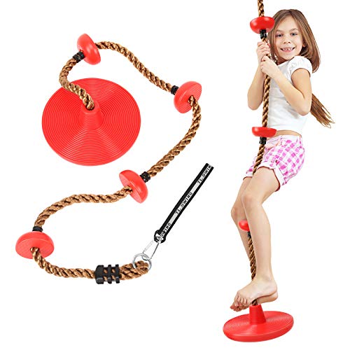 MoKo Swing Climbing Rope for Kids, 6.5ft Climbing Rope with Platforms Disc Swing Rope with Tree Strap Swing Rope Sets for Backyard Outdoor Disk Seat for Swingset Play & Swing Sets for Kids, Red