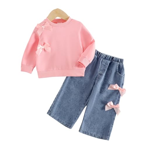 Teen Girls Y2K Trendy Sets Girl Long Sleeve Bow Sweatshirt Pollover Tops Wide Leg Denim Pants Kids Fall Winter Cute Outfits