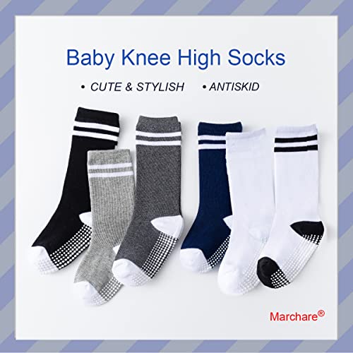 Marchare Baby Knee High Socks With Grips Toddler Boys/Girls Non-Slip Socks Long Striped Socks 6 Pack,White 1-3T #TOP3