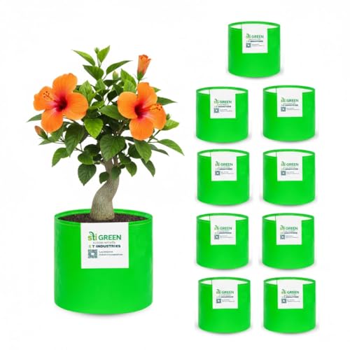 Image of HDPE Grow Bags for Plants 10X10 Inch (Pack of 10) | 260 GSM Heavy Duty UV-Protected Round Green Colour Plant Bags for Terrace and Vegetable Gardening | Strong & Reusable|