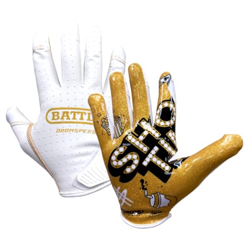 Battle Sports Doom Speed Receiver Gloves, Showtime - White/Gold, Adult XL