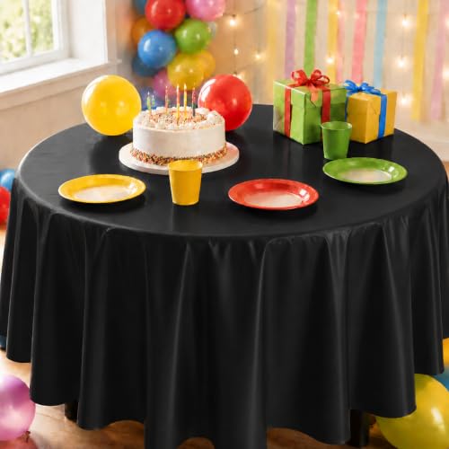 Image of Party Dimensions Black Disposable Plastic Tablecloth, Round, 84 inch, 12 Pack