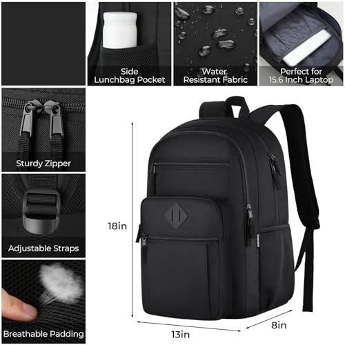 Image of ZUBOND Unisex Black Backpack for School, Lightweight Boys Girls Backpack Fits 17.3 Inch Notebook, Water Bottle Pocket - Ideal for Teens, College Students, Adults