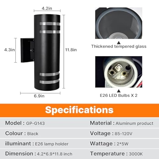 Dusk to Dawn Wall Light 1 Pack, Modern Outdoor Wall Lights with LED Bulbs, Cylinder Black Porch Light Fixture Wall Mount, Up and Down Lighting Outdoor Wall Sconce for House Porch Door