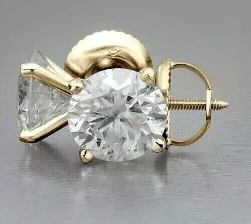 2 Carat Round Cut Lab Created Diamond Stud Earrings, 14K Yellow Gold Plated, Sterling Silver, Screw Back