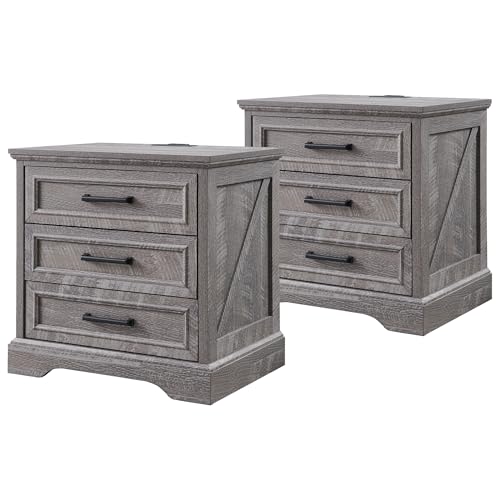 Image of ACCOHOHO Farmhouse Nightstands Set of 2, 22 Inch Wide End Table with Charging Station & 3 Large Drawers, Rustic Wood Small Dresser Chest of Drawers for Bedroom, Living Room, Grey