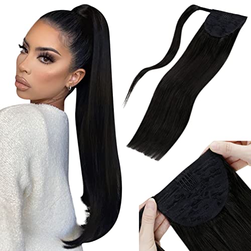 LaaVoo Pony Tail Extensions Real Human Hair 14 Inch 70g Natural Black Remy Straight Ponytail hair Extensions #1