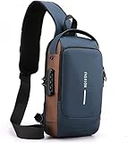 Mochila Masculina com Cadeado à Prova d'água Anti-roubo Bolsa de Ombro Transversal com Porta de Carregamento USB - YODHE… (Azul c/Dourado)