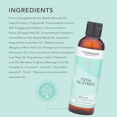 Tisserand Aromatherapie Anti-Stress-Badöl, 200 ml mit beruhigender Orange, ausgleichender Geranie und wärmenden Muskatnuss