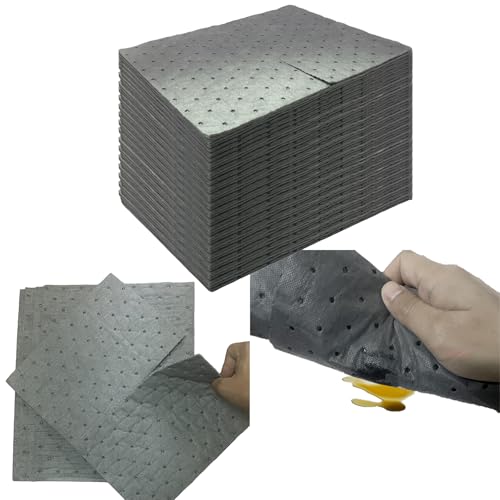 Image of 100PCS Universal Light Duty Absorbent Pads, 13 inchx9.8 inch | Absorbs Oil, Grease, Water, Fast Cleanup for Small Drips & Spills in Garages and Workshops