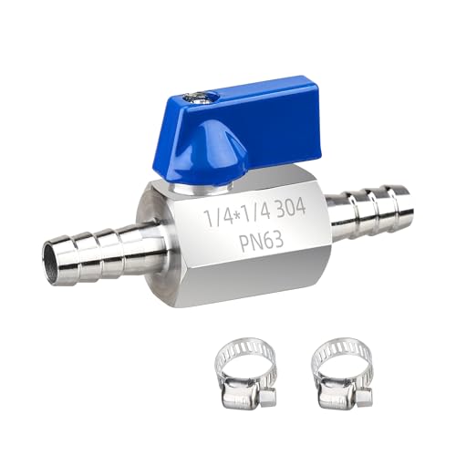 1/4 Inch Barb Ball Valve Mini 304 Stainless Steel Inline Shut Off Valve for Fuel/Water/Air/Gas Lines Heavy Duty Hose Barb Fitting with 2 Hose Clamps 1-Pack