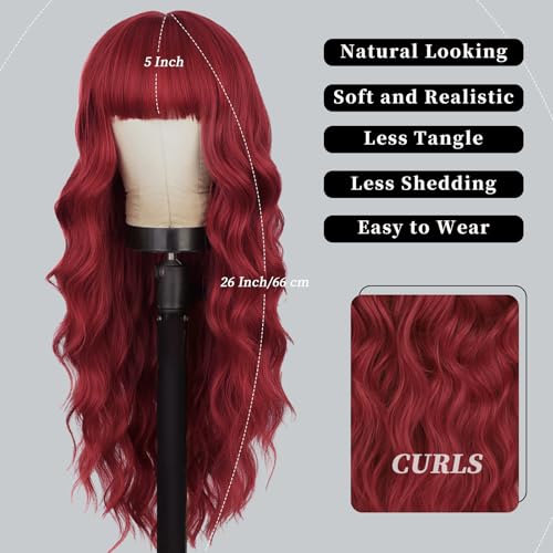 Lativ Red Wig With Bangs Long Red Wigs for Women 26 Inches Curly Wavy Hair Natural Looking Heat Resistant Fiber Wig for Girls Halloween Party Use