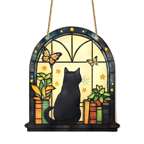 Katze Sonnenfänger, Fensterdeko Hängend, Süßer Hängedeko, Farbiger Acryl Wanddeko, Charming Bücherregal Deko Geschenke für Katzenliebhaber, Wohnzimmer, Schlafzimmer, Gartendeko, Balkon, Geschenke