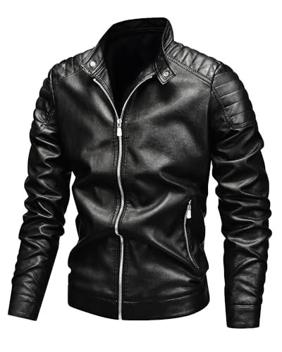 Image of Leather Jacket Men Black Slim Fit Motorcyle Lightweight