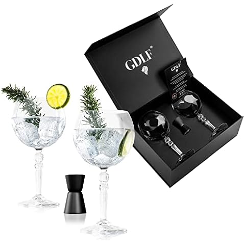 GDLF® Gin-Gläser-Set aus hochwertigem Kristall - Handgefertigt - 2 Gin Tonic-Gläser & doppelseitiges Barmaß Schwarz mit luxuriöser Aufbewahrungsbox, Cocktailgläser, das perfekte Gin geschenkset Cover