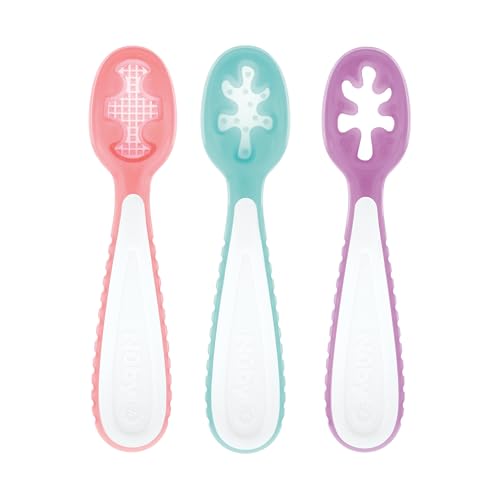 Image of Nuby 3-Stage Baby's First Spoons Set - 3 Pack - 6+ Months - Baby Spoons with Easy Grip Handle - Encourages Self-Feeding - Rose/Aqua/Violet