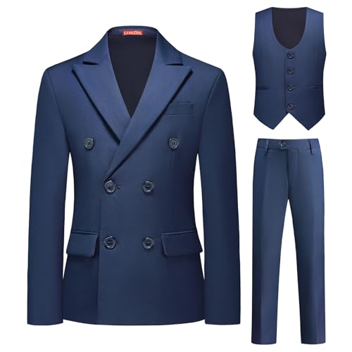 Image of Lamgool Boys Suit 3 Piece Slim Fit Tuxedo Double Breasted Teens Formal Outfit Set Size 16 with Blue Blazer Vest Pant for Wedding Prom