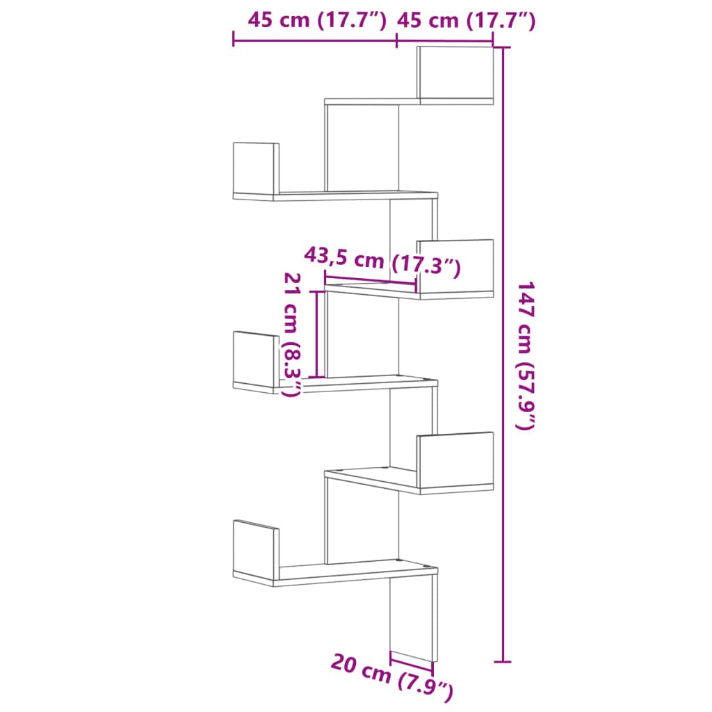 vidaXL Étagère d'angle Murale chêne Sonoma 45x45x147cm Bois ingénierie, étagère d'angle, étagère Suspendue, étagère Murale Suspendue, étagère Murale