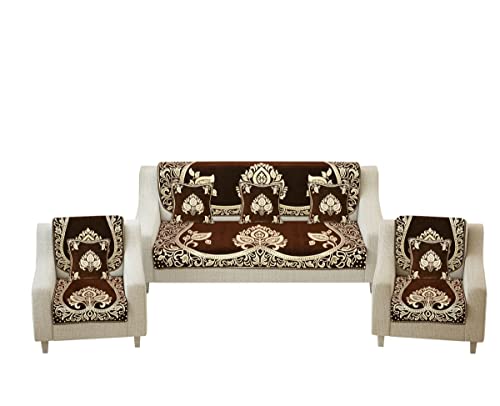 Image of Velvet Sofa Cover with Cushion Covers Set of 5 Seater - Premium Sofa Covers 3 Seater and 2 Seater Full Cover Set for Couch Seat - Heavy Fabric Sofa Slip Back Protector, 2701 Brown